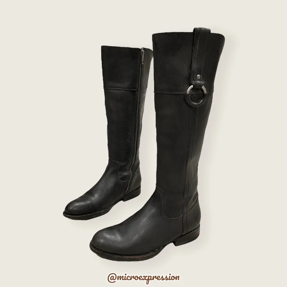 $389 Frye Jamie Ring Tall Distressed Stone Black Leather Knee High Zip Up Boot